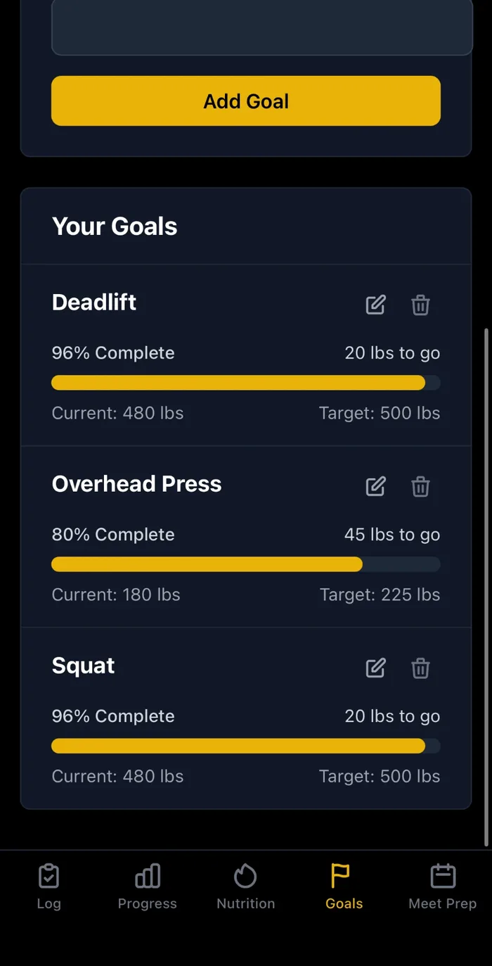 Goals screen showing progress bars toward Deadlift, Overhead Press, and Squat targets